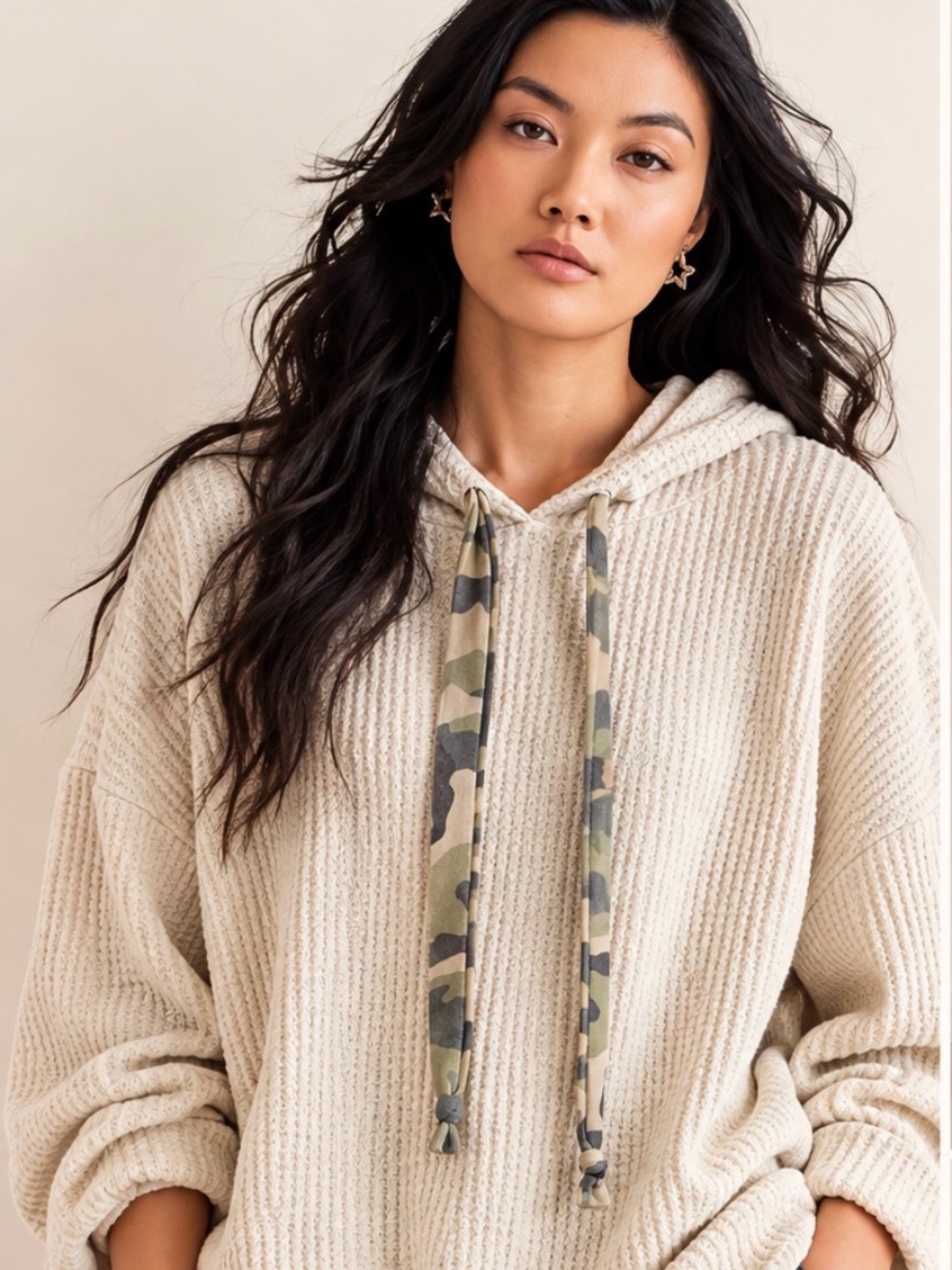 Bibi Cozy Cream Waffle-Knit Hoodie with Camo Drawstrings